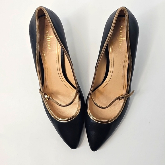 Cole Haan Black w Gold Trim Mary Jane Pointed Toe Pumps W Gold Heels Size: 9M - Picture 4 of 15